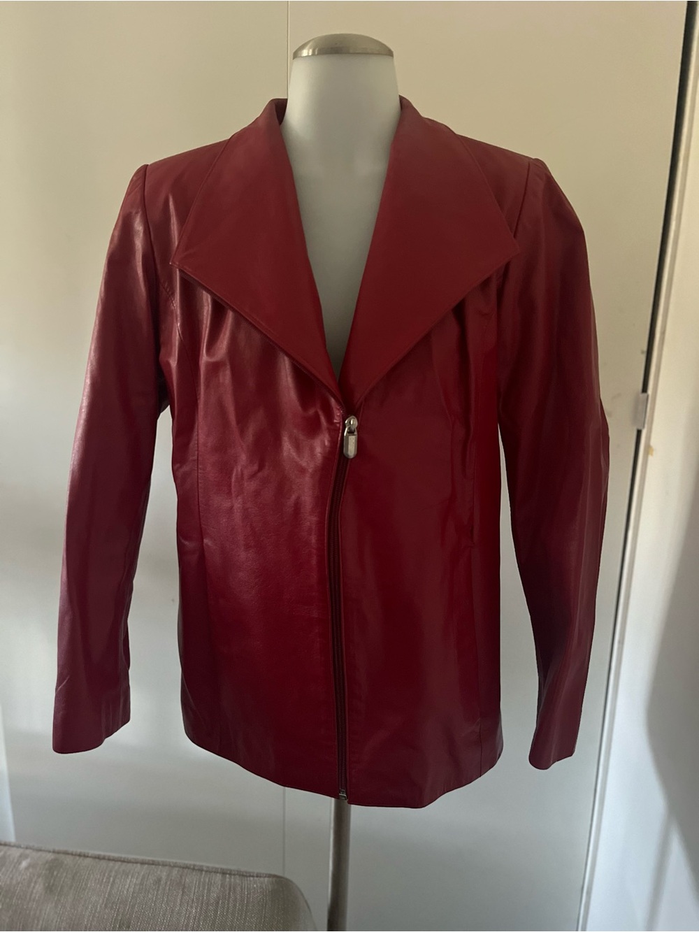 SHAN Red Leather Asymmetrical Zip Jacket
